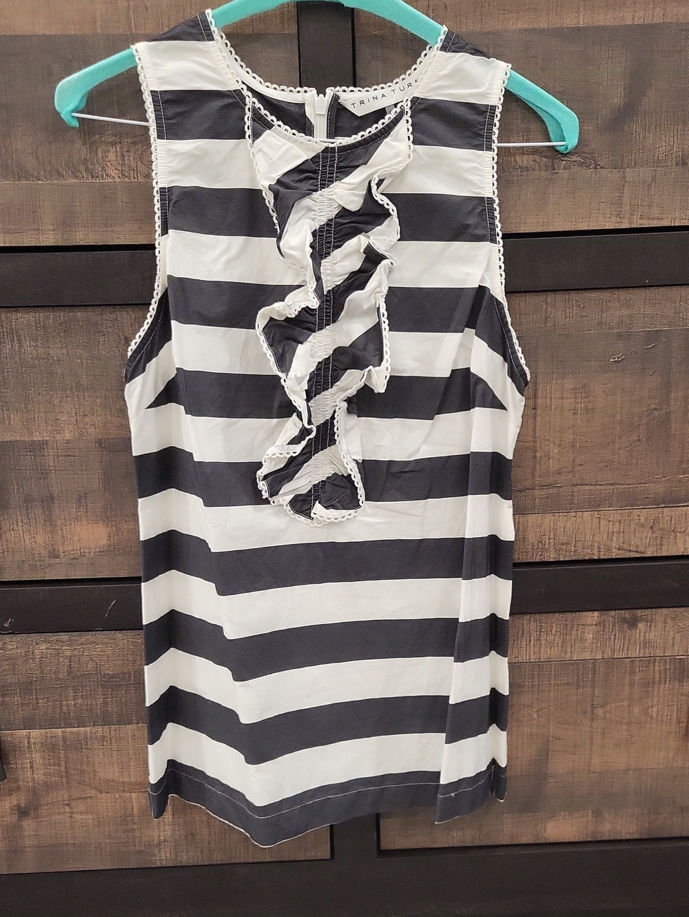 Trina Turk Black and White Striped Ruffle Tank